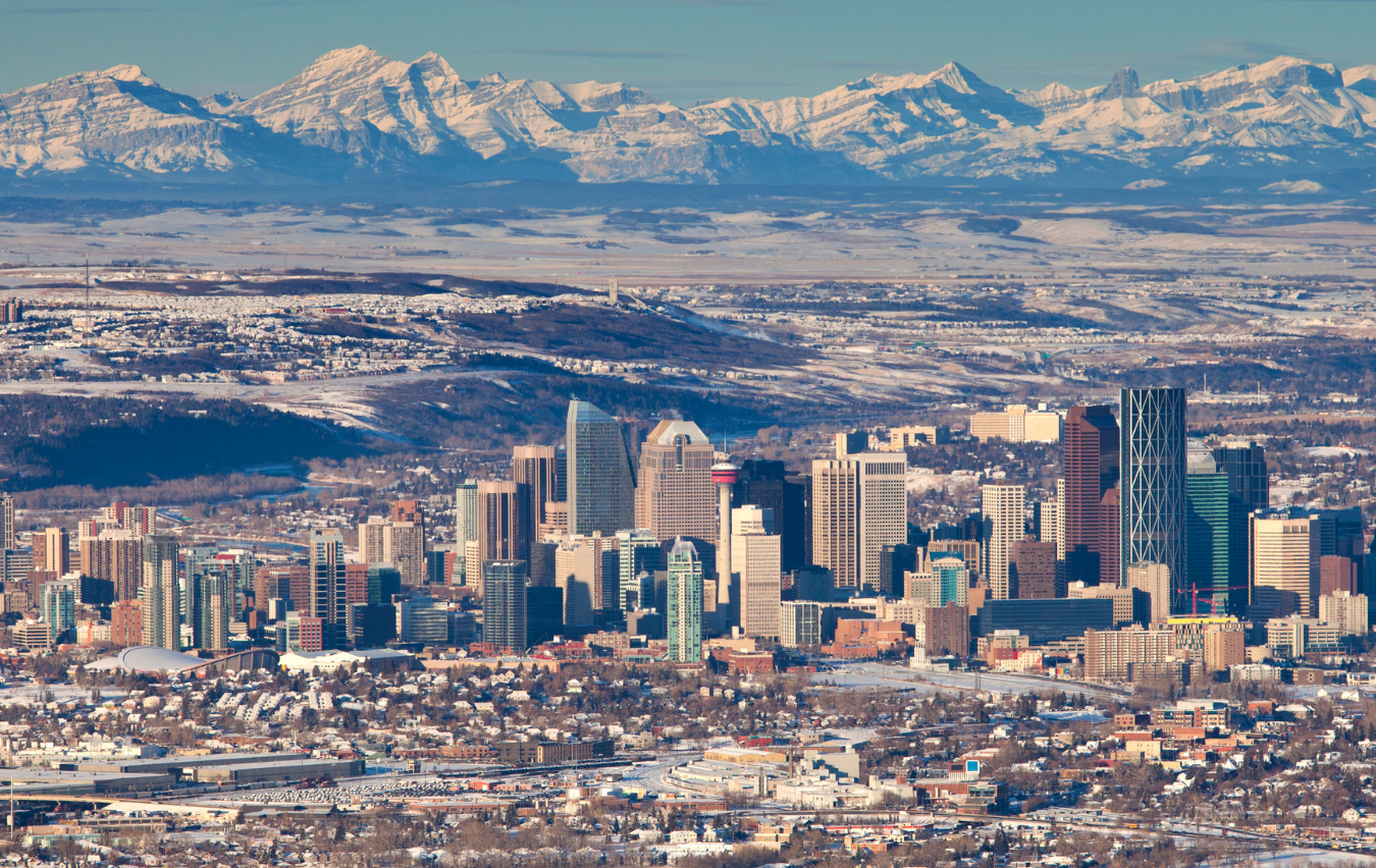 View of Calgary and the wider mountainous region from above
