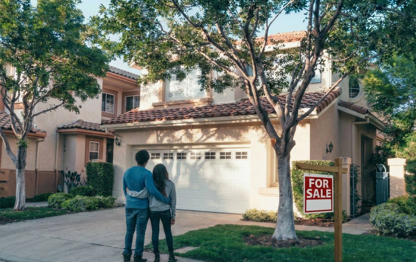 Potential buyers outside a home for sale